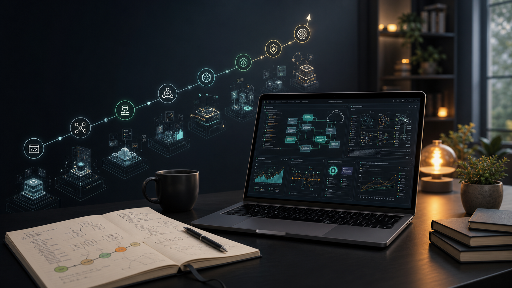 Illustrated AI architecture workspace with cloud systems, model lifecycle dashboards, and learning roadmap notes